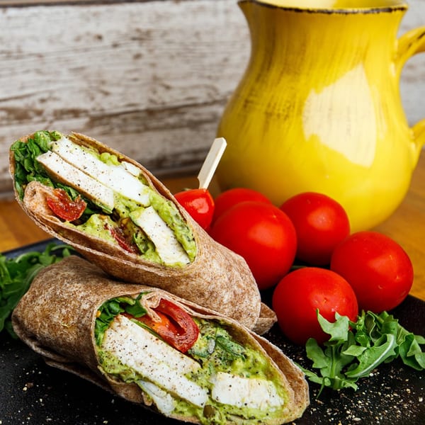 Two chicken and avocado wraps on a black plate with cherry tomatoes and a yellow pitcher.