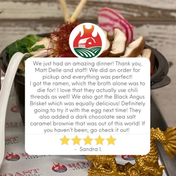 A close-up of a Roast ramen bowl with chili threads, mushrooms, and greens, overlaid with a customer review.