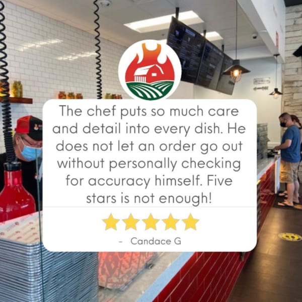 A customer review for Roast with five stars and text praising the chef's care and detail.